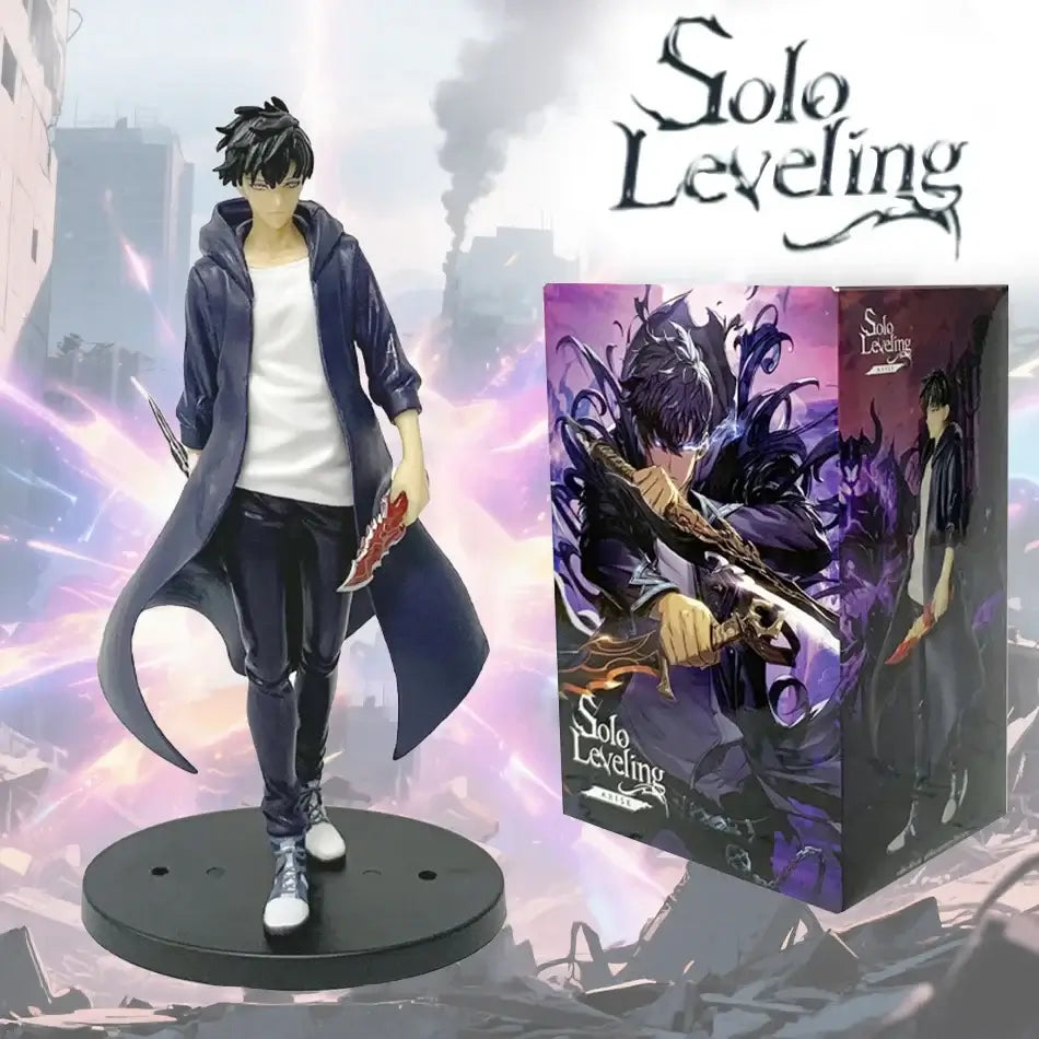 A highly detailed Sung Jin Woo Figure, showcasing the Solo Leveling Shadow Monarch in a dynamic anime action pose for desktop decoration.