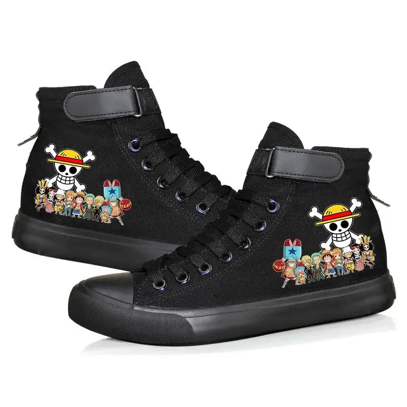 Trendy One Piece Luffy High Top Shoes featuring anime character art, designed as breathable non-slip leisure sports sneakers for students.