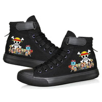 Trendy One Piece Luffy High Top Shoes featuring anime character art, designed as breathable non-slip leisure sports sneakers for students.