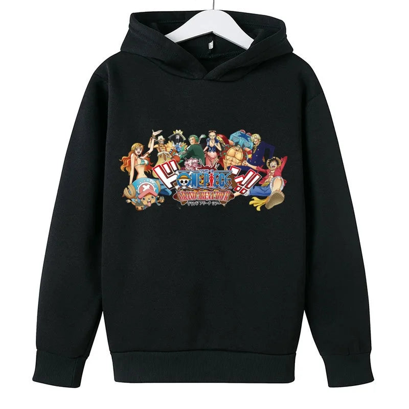 A trendy One Piece Kids Hoodie featuring cartoon graphic prints of Luffy and Zoro, designed as a casual spring and autumn pullover for children.
