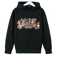 A trendy One Piece Kids Hoodie featuring cartoon graphic prints of Luffy and Zoro, designed as a casual spring and autumn pullover for children.