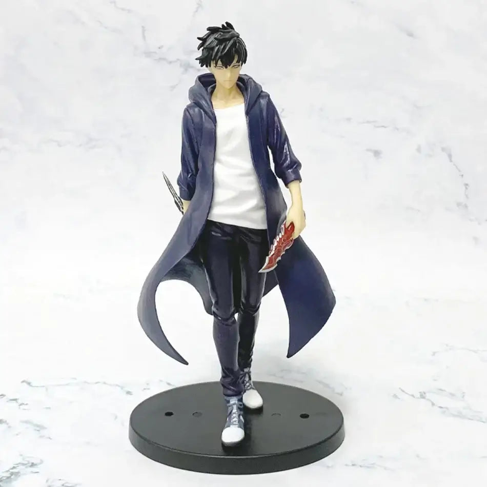 A highly detailed Sung Jin Woo Figure, showcasing the Solo Leveling Shadow Monarch in a dynamic anime action pose for desktop decoration.