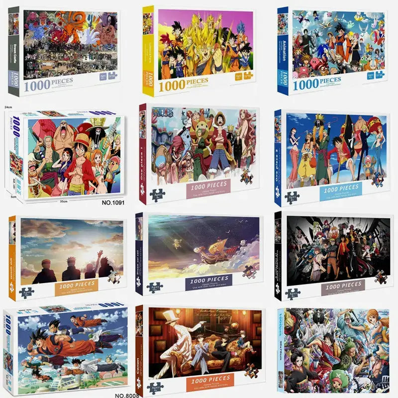 Japanese Anime Naruto Whirlpool Puzzle display featuring 1000 piece boxes for adults and kids, perfect for stress relief and gifts.