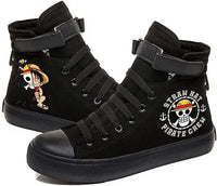Trendy One Piece Luffy High Top Shoes featuring anime character art, designed as breathable non-slip leisure sports sneakers for students.
