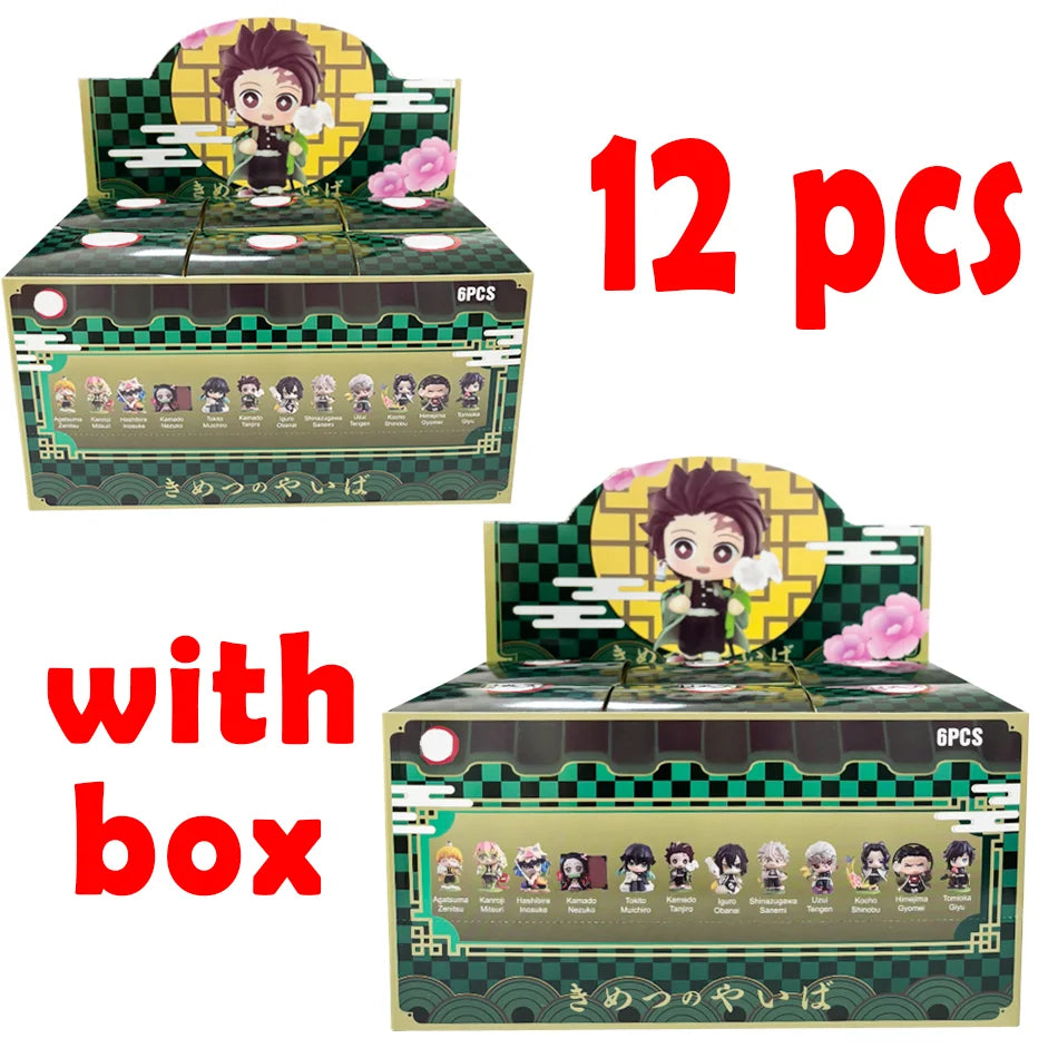 A colorful Demon Slayer Blind Box containing a random cute PVC anime figure of Tanjiro or Nezuko, used as a desktop ornament.