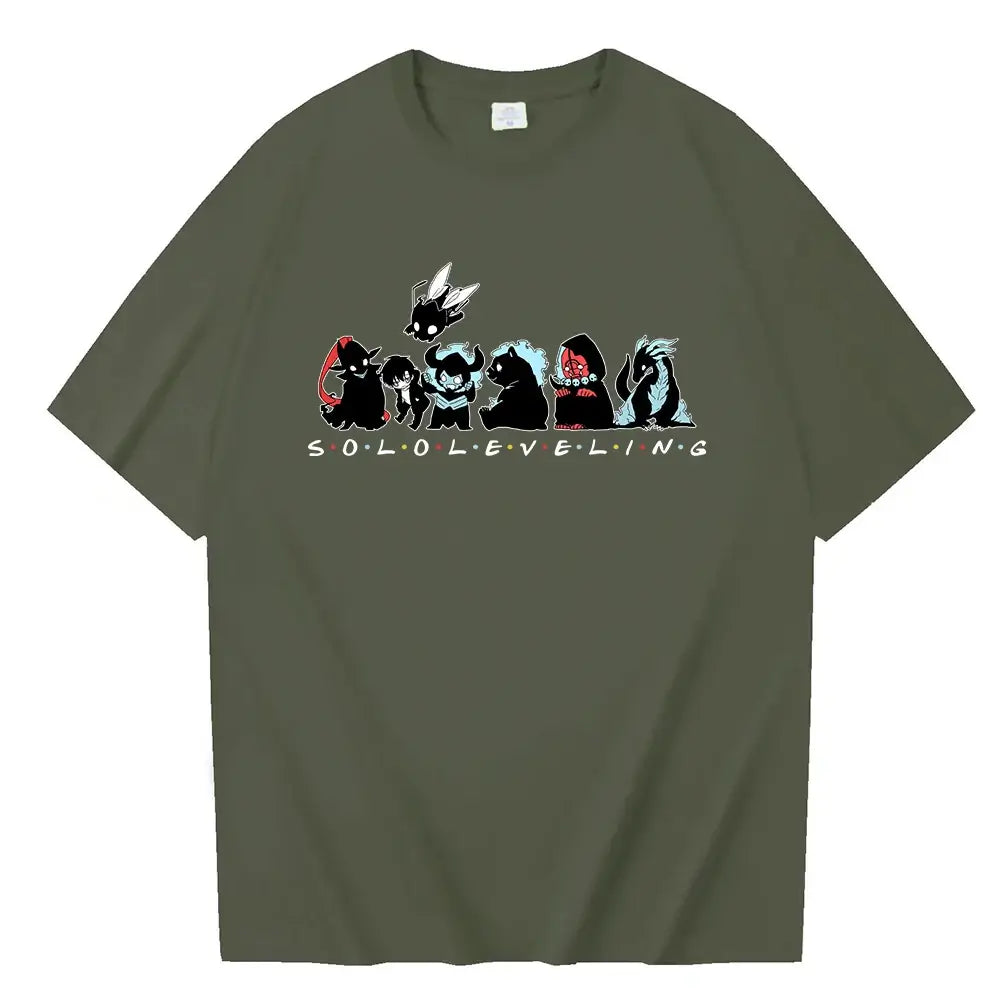 A Cute Solo Leveling T-shirt with a chibi anime design, perfect as a short sleeve O-neck gift for fans.