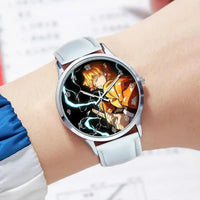 A stylish Demon Slayer Watch featuring two-dimensional anime art of Rengoku Kyoujurou and Tokitou Muichirou, designed as a trendy business wristwatch.