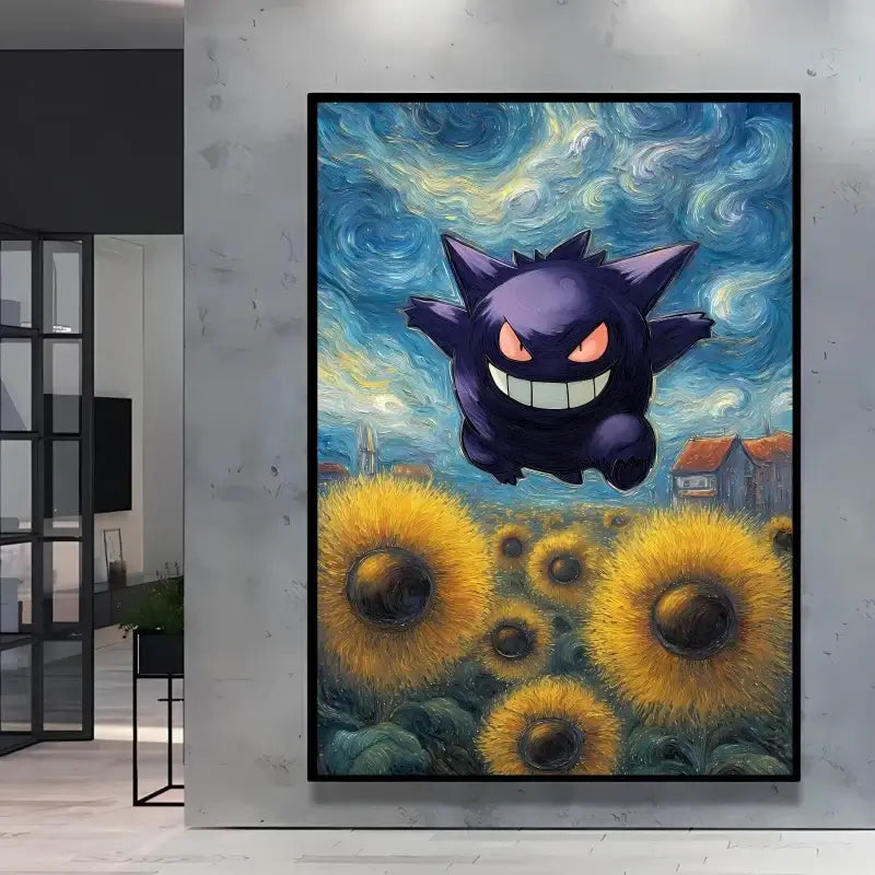 A stunning Van Gogh Pokemon Wall Art piece featuring Pikachu painted in a Starry Night impressionist style for unique home decoration.