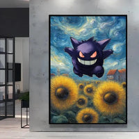 A stunning Van Gogh Pokemon Wall Art piece featuring Pikachu painted in a Starry Night impressionist style for unique home decoration.