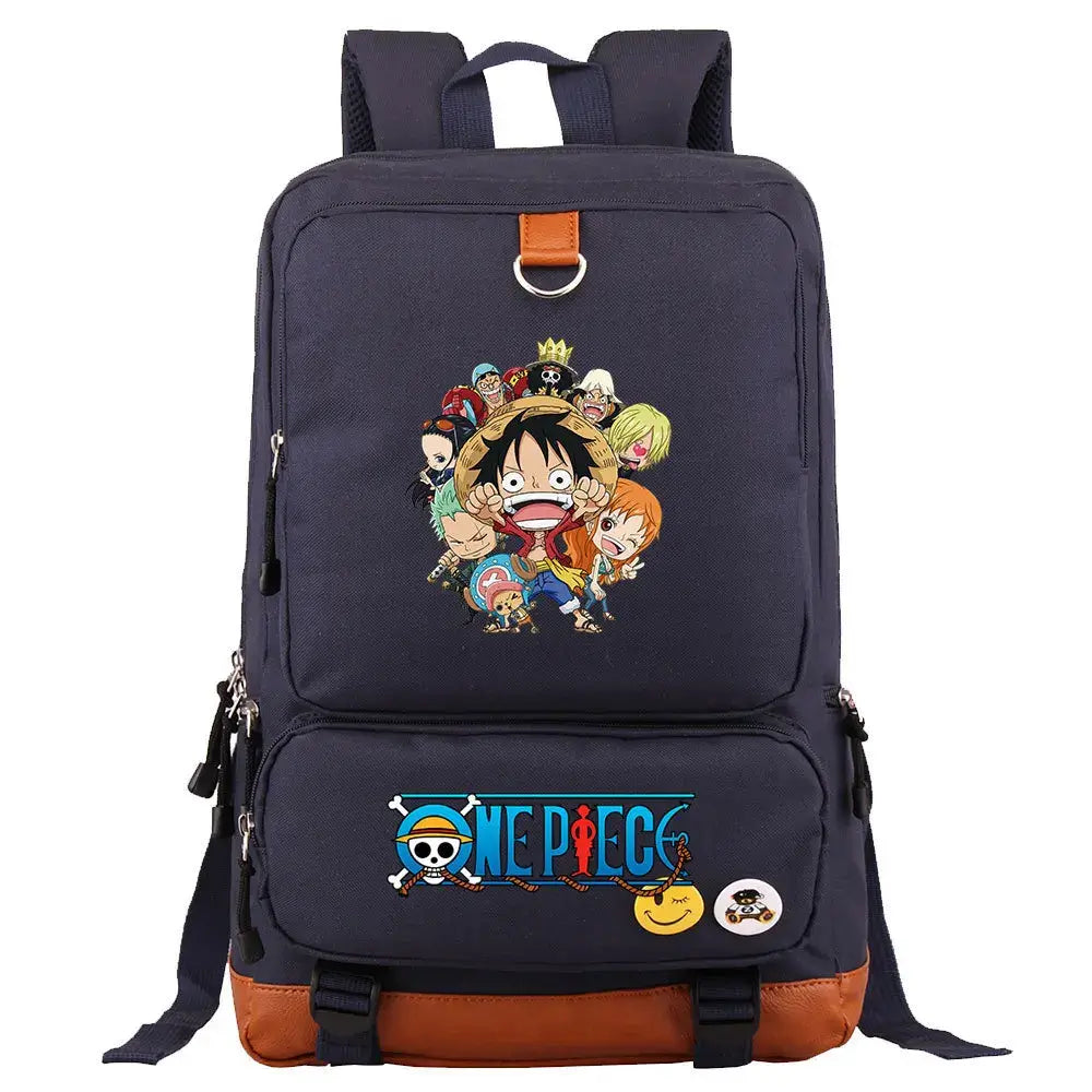 A large, unisex One Piece Luffy Printed Unisex Backpack suitable for school and travel, with compartments for a laptop and iPad.