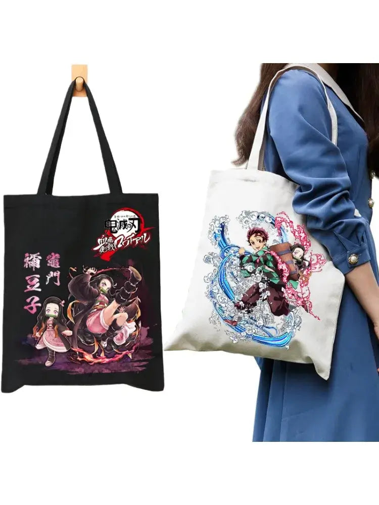 A durable Demon Slayer Canvas Bag featuring Kamado Nezuko and Tanjiro anime graphics, designed as a zipper tote for students and shoppers.