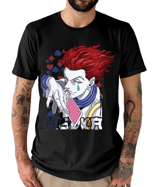 A trendy Hisoka Morow T-shirt featuring a dynamic graphic print of the Hunter x Hunter magician holding a playing card, designed for unisex anime streetwear.