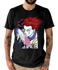 A trendy Hisoka Morow T-shirt featuring a dynamic graphic print of the Hunter x Hunter magician holding a playing card, designed for unisex anime streetwear.