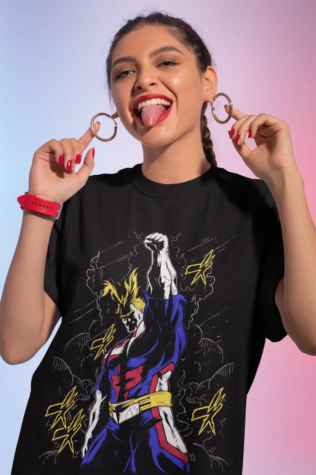 A premium All Might T-shirt featuring a dynamic armor strip graphic of All Might and Hawks, styled as an anime gift for My Hero Academia fans.