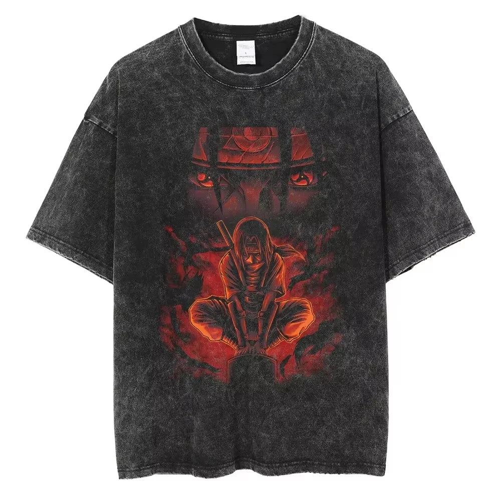 A washed black Naruto Vintage T-Shirt featuring a hip hop style anime print, designed as Harajuku streetwear for men and women.