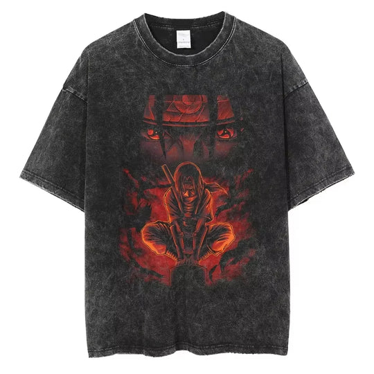 A washed black Naruto Vintage T-Shirt featuring a hip hop style anime print, designed as Harajuku streetwear for men and women.