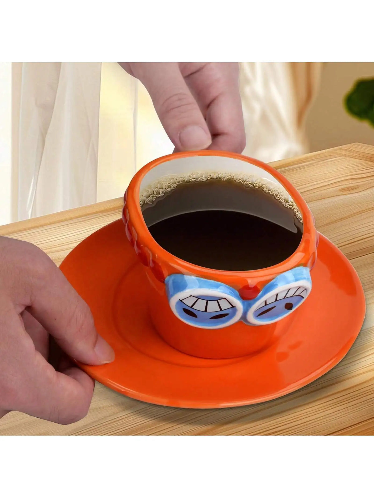 Luffy Ace Sabo Chopper Mug One Piece Ceramic full set showing all four hat design variants with matching saucers