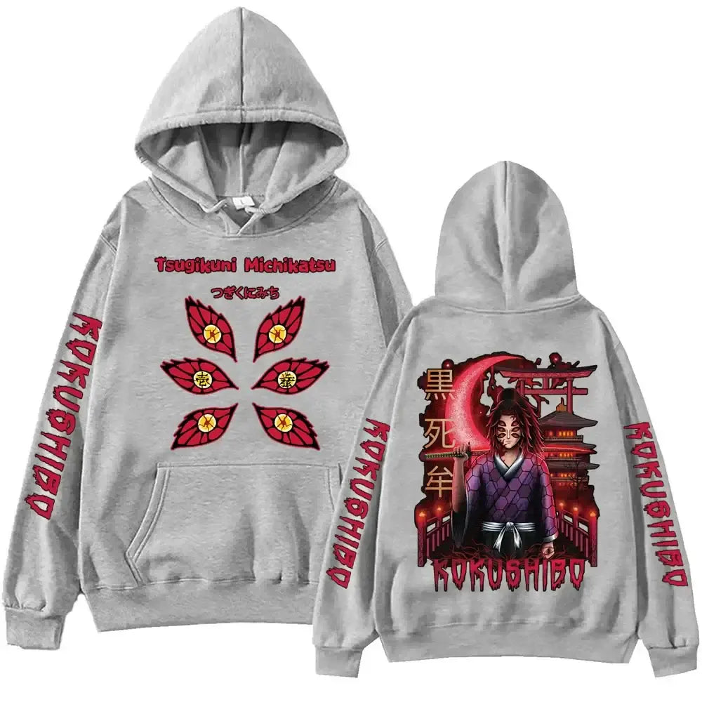 A trendy Demon Slayer Hoodie made of warm fleece, featuring a Harajuku streetwear graphic print for men's and women's autumn fashion.