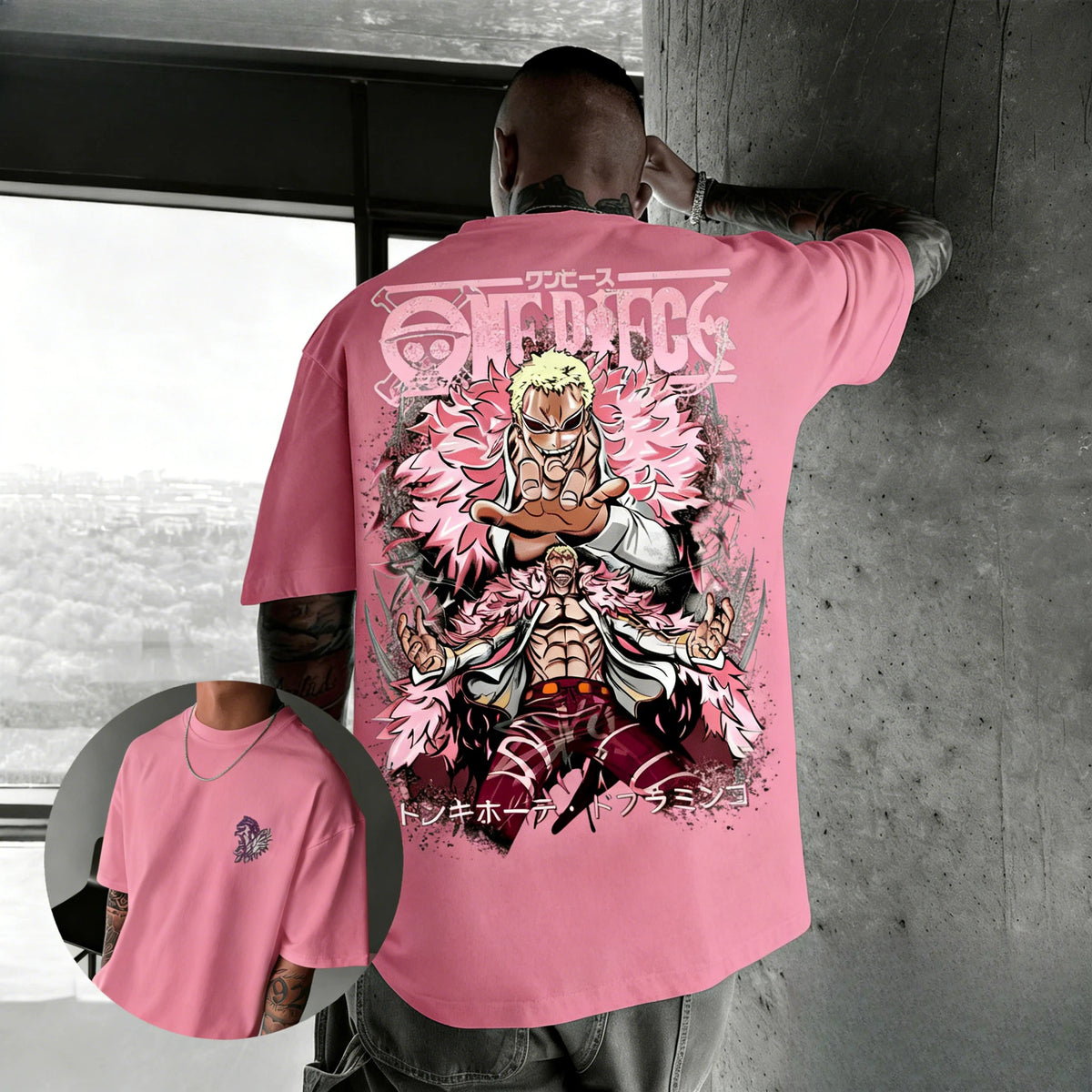 One Piece Doflamingo Hip Hop Anime T-Shirt worn lifestyle parent child casual summer street