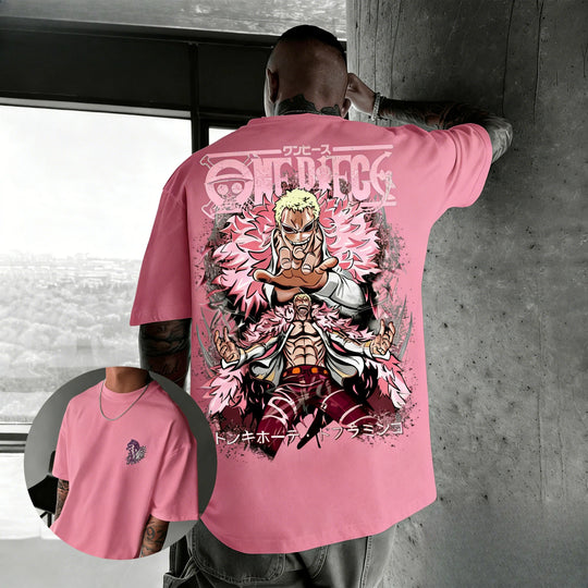 One Piece Doflamingo Hip Hop Anime T-Shirt worn lifestyle parent child casual summer street