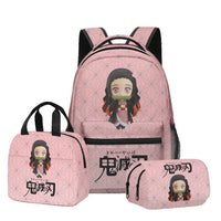 A 3-piece Demon Slayer Backpack Set featuring Tanjiro and Nezuko anime art, including a school bag, lunch box, and pencil case for elementary students.