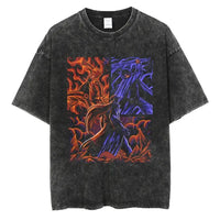 A man wearing the vintage black Japanese Anime Naruto Print T Shirt in a Harajuku hip hop streetwear style.