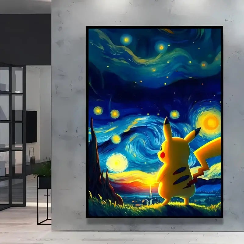 A stunning Van Gogh Pokemon Wall Art piece featuring Pikachu painted in a Starry Night impressionist style for unique home decoration.