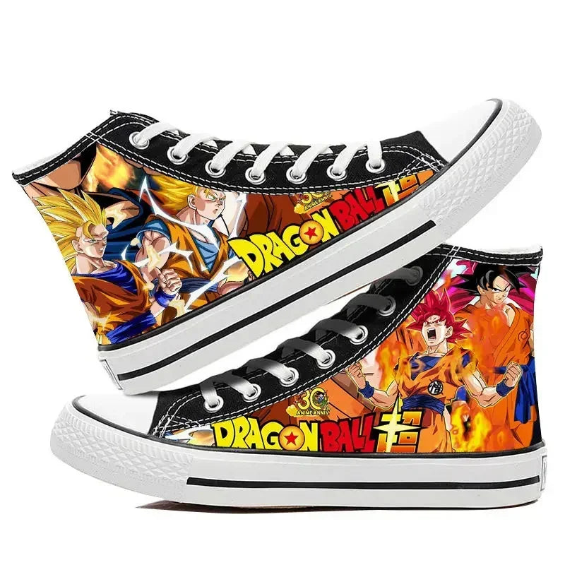 A pair of hot Dragon Ball Goku Canvas Shoes, anime fashion sneakers with a graffiti design for men, women, teenagers, and students.