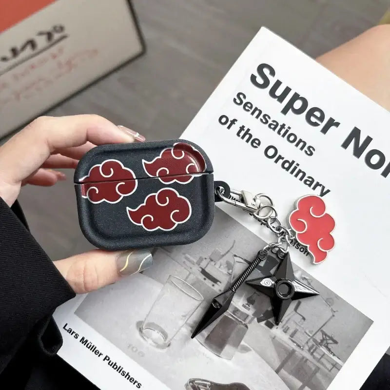 Naruto Akatsuki AirPods Case Shuriken Pendant hard plastic protective cover with Akatsuki cloud logo reflective anti-scratch fits AirPods 1 2 3 4 Pro Pro2