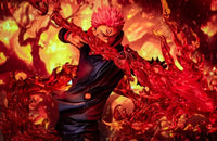 A highly detailed Ryomen Sukuna Figure made of premium PVC, showcasing the Jujutsu Kaisen King of Curses in an extreme battle stance for desktop decoration.