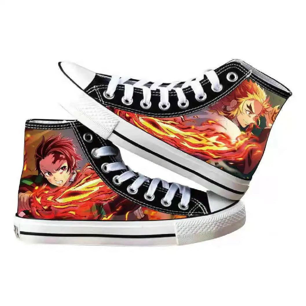 High-top Demon Slayer Canvas Shoes featuring Tanjiro Kamado and Jibaku Shounen Hanako-kun anime prints for casual fashion.