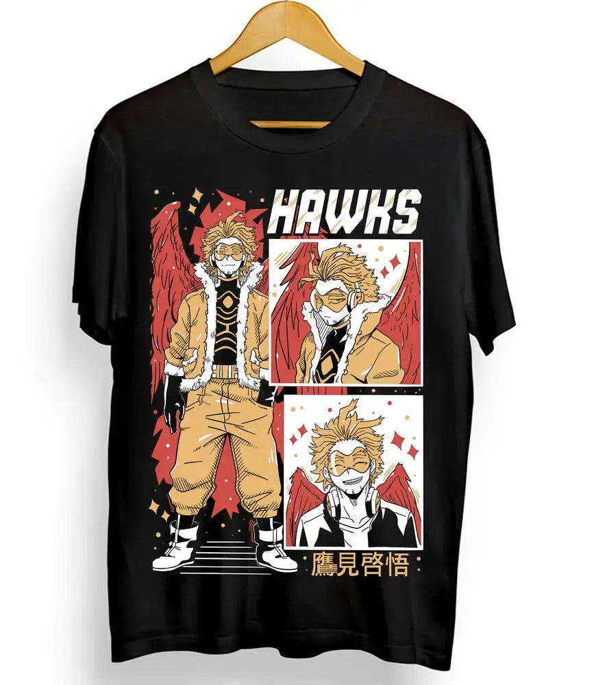 A premium Wing Hero Hawks T-Shirt featuring a dynamic manga graphic of Keigo Takami with fierce red wings, designed for My Hero Academia fans.