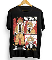 A premium Wing Hero Hawks T-Shirt featuring a dynamic manga graphic of Keigo Takami with fierce red wings, designed for My Hero Academia fans.