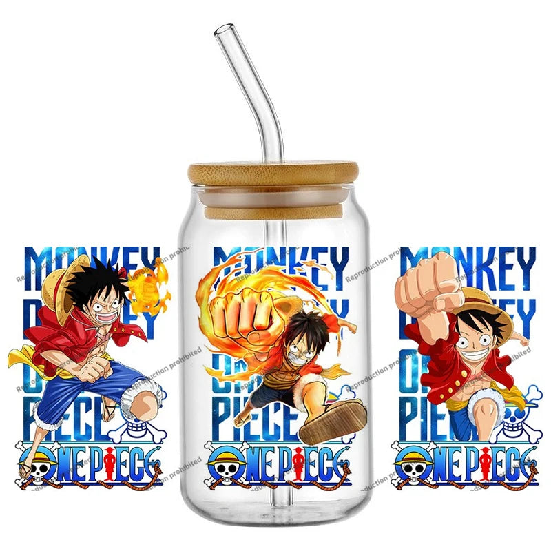 A collection of the newest 31 designs of popular One Piece UV DTF Stickers for a 16oz glass cup.