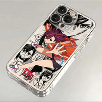 A transparent soft TPU Dandadan Phone Case featuring cute anime art of Okarun and Momo Ayase, compatible with Apple iPhone 16e, 15, and 14 Pro Max.