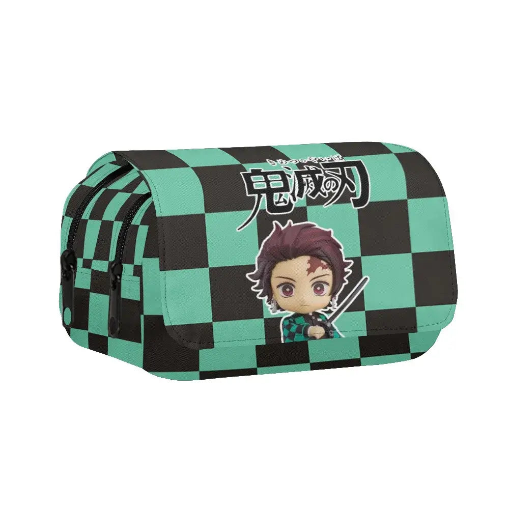 A 3-piece Demon Slayer Backpack Set featuring Tanjiro and Nezuko anime art, including a school bag, lunch box, and pencil case for elementary students.