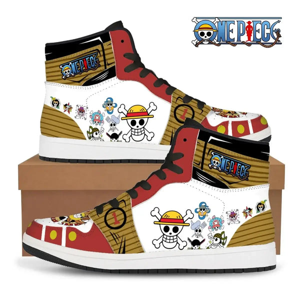 A pair of custom One Piece Basketball Shoes featuring anime designs of Luffy and Zoro, suitable as unisex sneakers.