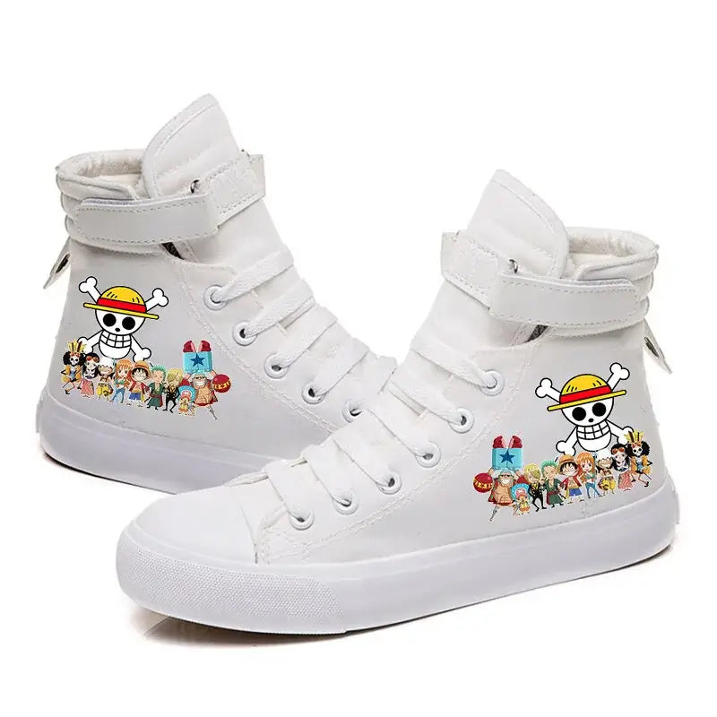 Trendy One Piece Luffy High Top Shoes featuring anime character art, designed as breathable non-slip leisure sports sneakers for students.