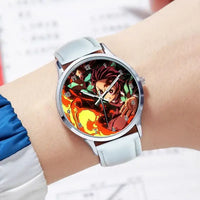 A stylish Demon Slayer Watch featuring two-dimensional anime art of Rengoku Kyoujurou and Tokitou Muichirou, designed as a trendy business wristwatch.