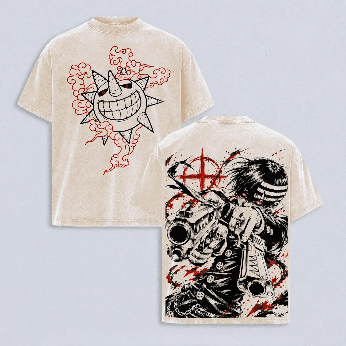 Death the Kid Soul Eater Vintage Washed T-Shirt showcasing front and back designs with anime graphics.