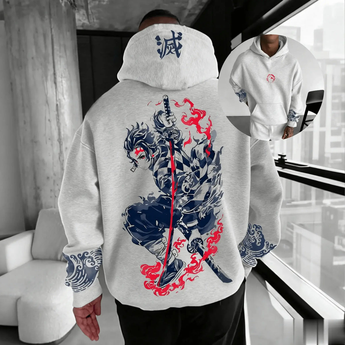 A trendy oversized Demon Slayer Hooded Sweatshirt featuring colorful anime character graphics, designed as casual autumn streetwear for men and women.