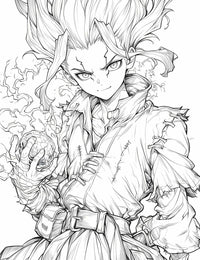 Detailed line art of a Senku Ishigami Dr. Stone coloring page, showing the main character smirking and holding a smoking sphere invention in his hand while wearing his Stone World clothes.