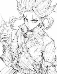 High-quality line art of a Senku Ishigami Dr. Stone coloring page, showing the scientist protagonist with his petrification scars and iconic hairstyle, holding a crackling element, in a detailed anime style.