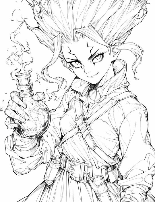 Detailed line art of a Senku Ishigami Dr. Stone coloring page, showing the main character with a confident smirk, holding a smoking science flask in his hand while wearing his Stone World attire.