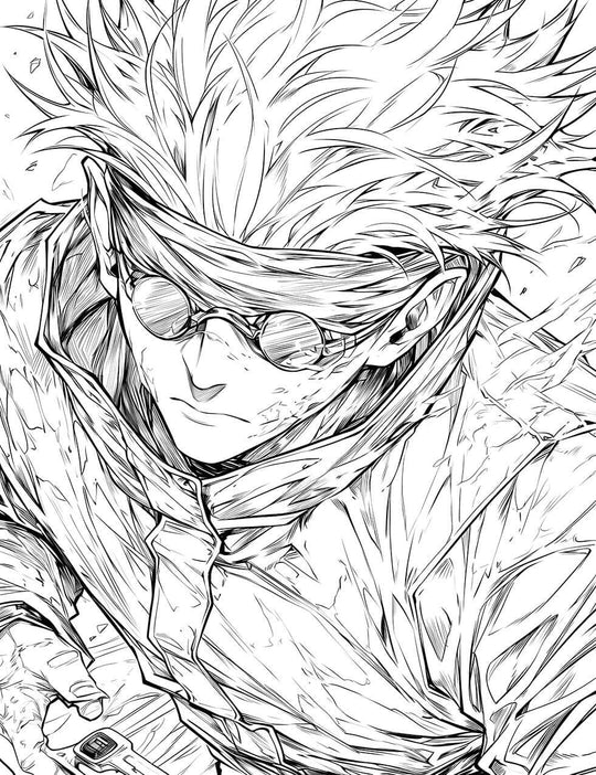 Intense black and white line art of an unhinged Satoru Gojo from Jujutsu Kaisen, eyes wide with a manic grin as his blindfold and the area around him shatters.