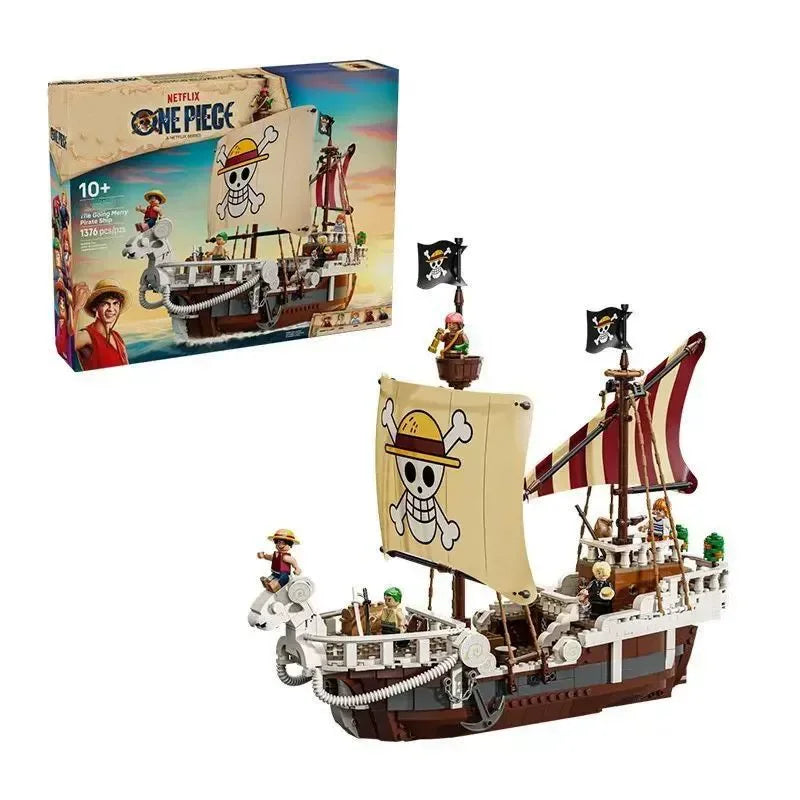 A detailed One Piece Going Merry Building Blocks set featuring the Straw Hat Pirate Ship, designed as an assembly model toy for children and collectors.