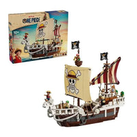 A detailed One Piece Going Merry Building Blocks set featuring the Straw Hat Pirate Ship, designed as an assembly model toy for children and collectors.