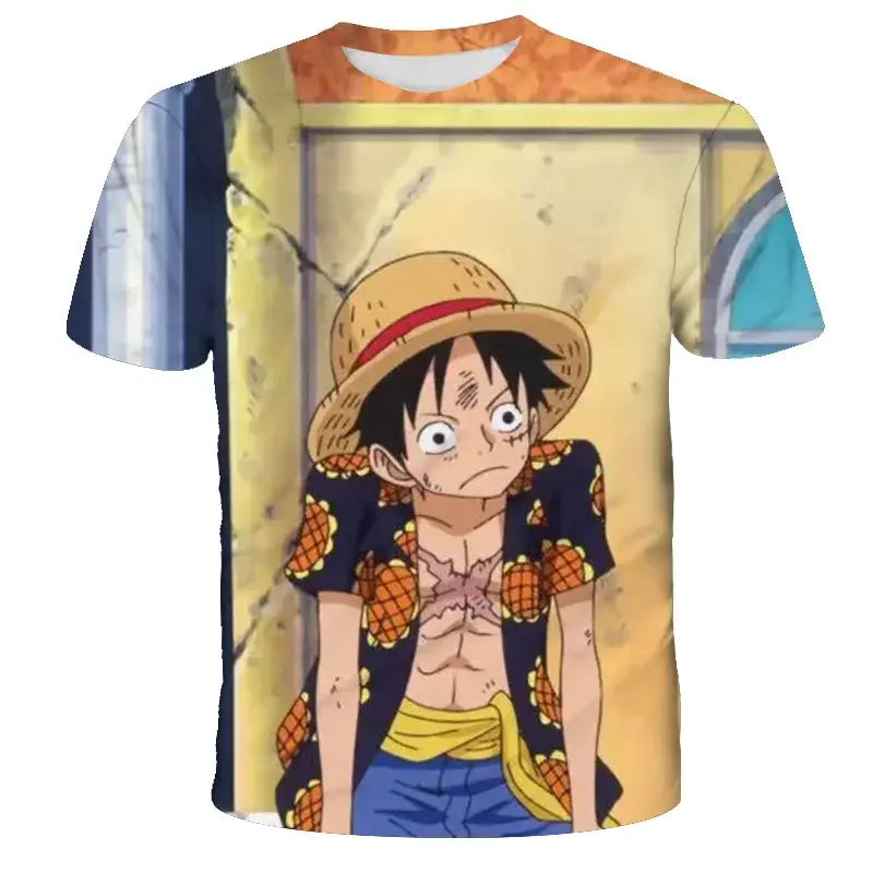 A 3D printed One Piece Luffy T-Shirt featuring a dynamic cartoon cosplay graphic of Monkey D. Luffy for boys' summer fashion.