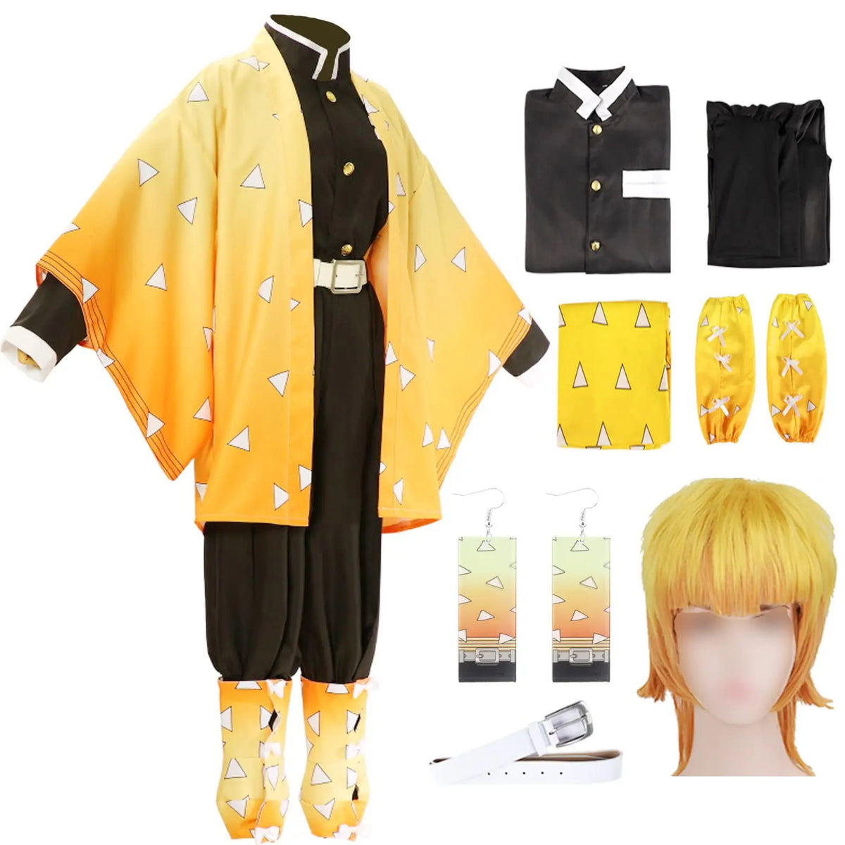 A complete Zenitsu Cosplay Costume featuring the yellow triangle-patterned haori, black uniform, and blonde wig for Halloween.