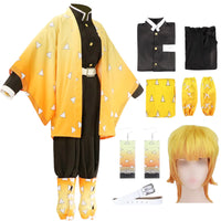 A complete Zenitsu Cosplay Costume featuring the yellow triangle-patterned haori, black uniform, and blonde wig for Halloween.
